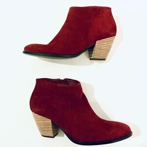 ECCO, Brick Red Suede Booties with Wood Stacked Heel, Size 40 (US 9 - 9.5)